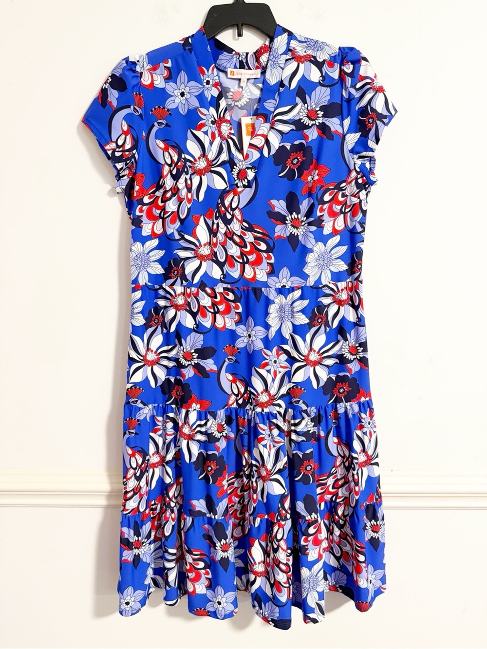 Title NWT Jude Connally Libby Dress Size XL Blue Floral Stand Collar Tiered
